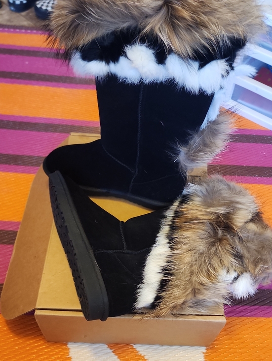Shoes - Black Suede Winter Boots with Faux Fur Trim - Women's